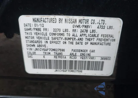 2012 Infiniti G37 Journey z USA, uszkodzony, nr VIN JN1CV6AP7CM627596